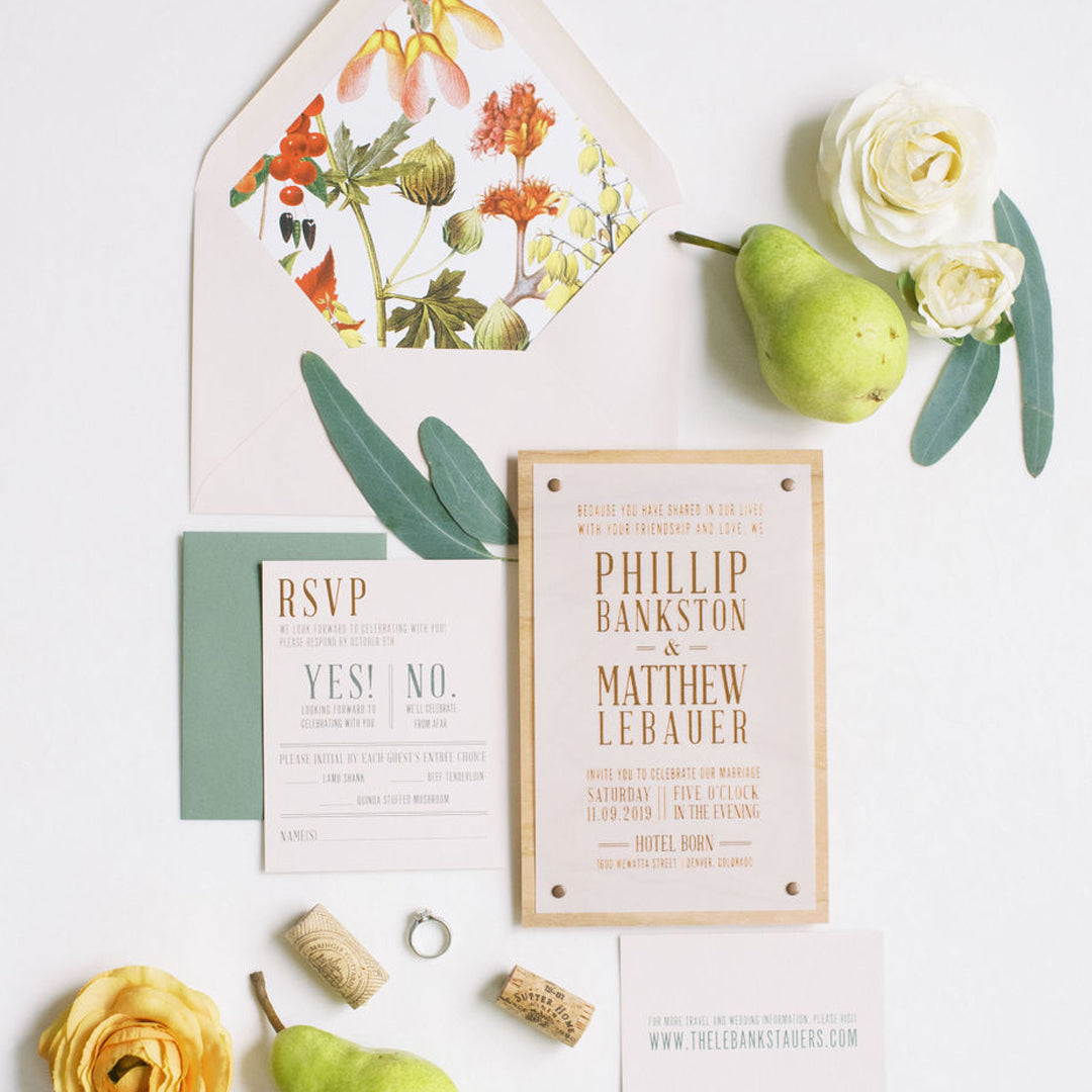 Lucky Onion Custom Fall Wedding Invitations with Wood and Copper Rivets and vellum paper, autumn leaves, copper foil