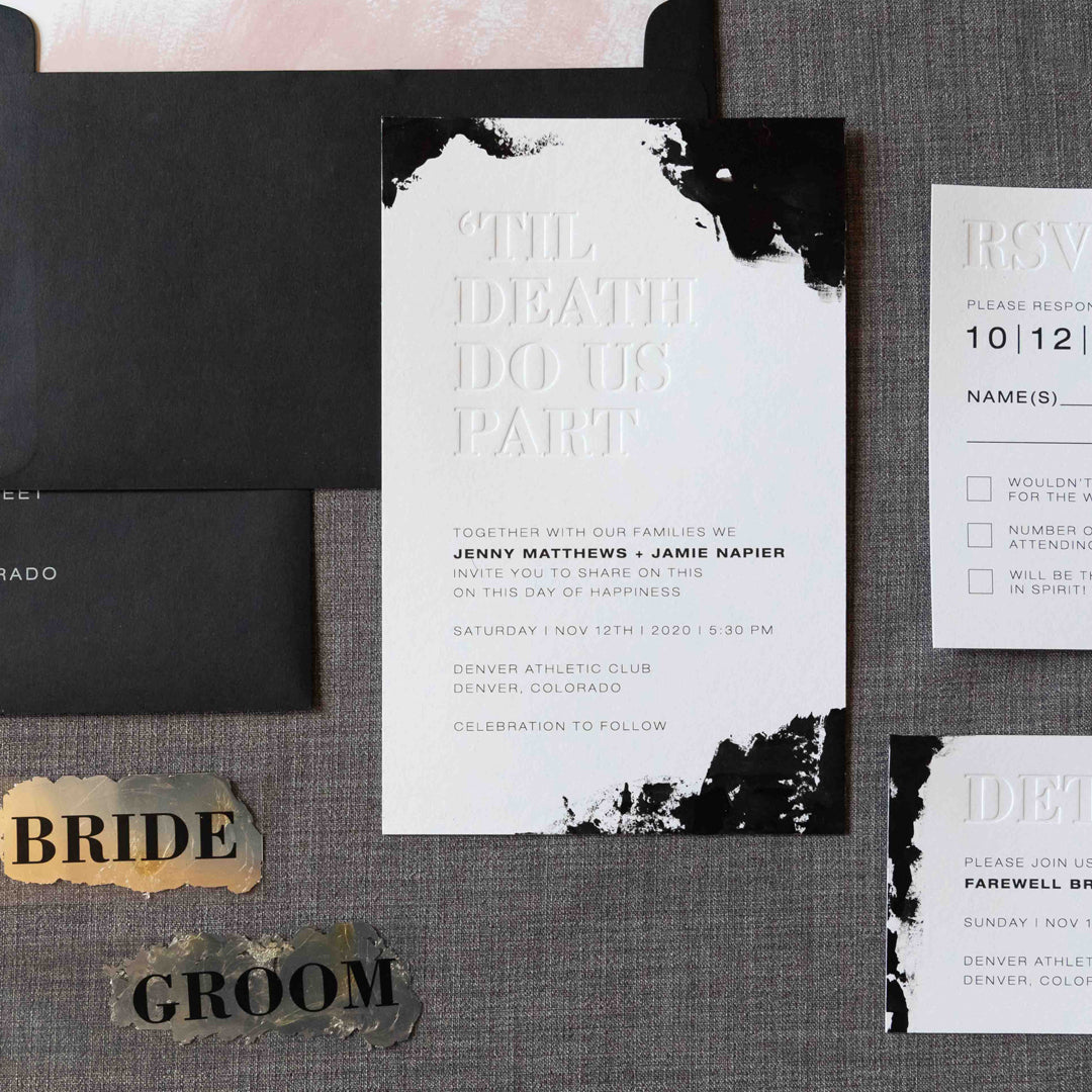 Lucky Onion Custom Wedding Invitations and Stationery with Letterpress and hand-painted edges in black and white with silver foil deckling